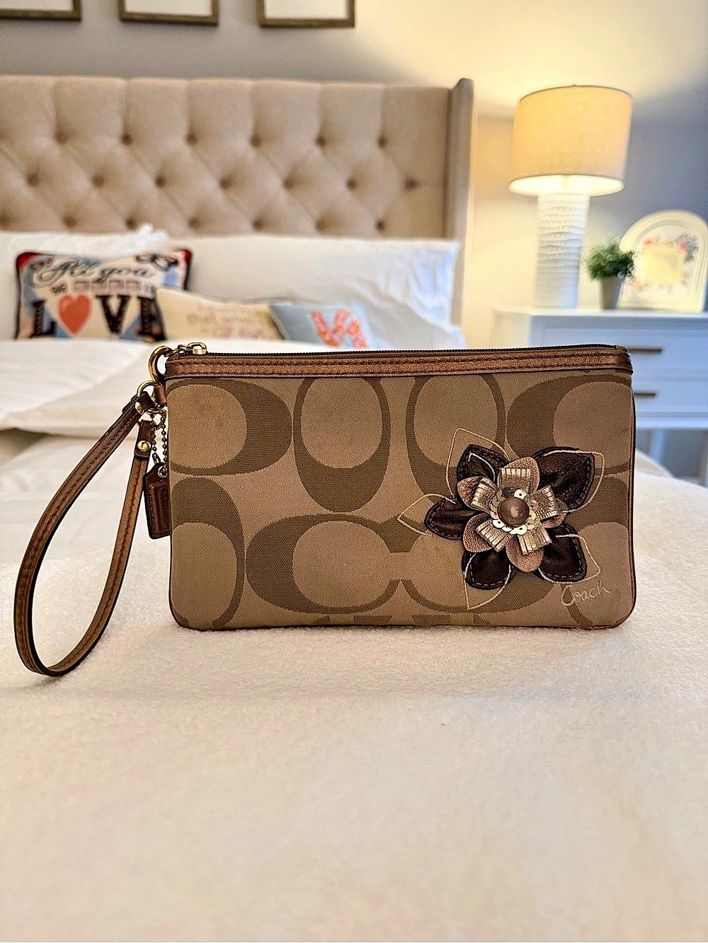 Coach Signature Flower Applique Wristlet in Brown